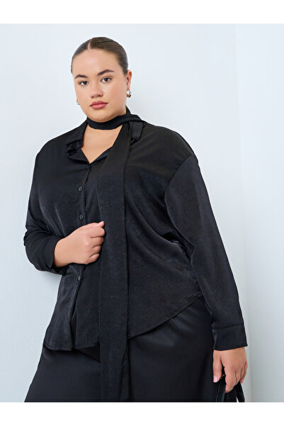 Styli Plus Size Black Satin Scarf Shirt