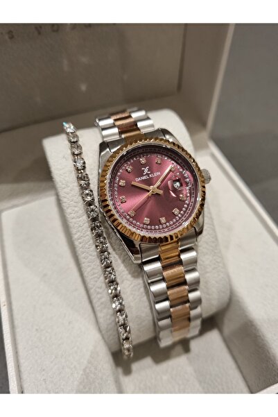 Daniel Klein New Model Dk - Rose Bicolor Steel Bracelet Plum Dial Women's Wristwatch+Gift Bracelet