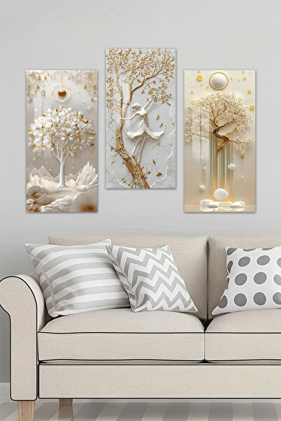 kutuTR 3D Görünümlü 2D UV Baskı Temperli Cam Tablo Seti–Modern Altın Ağaç Tas...