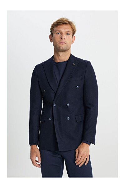 LC Waikiki Men's Navy Blue Woolen Slim Fit Slim Fit Swallow Collar Cover Pock...