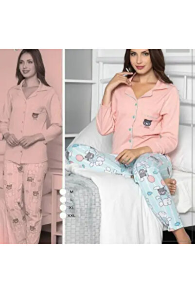 zahyat Women's cotton pajamas: light pink top and blue printed pants