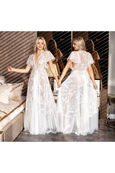 zahyat Long white lace lingerie with sheer sleeves