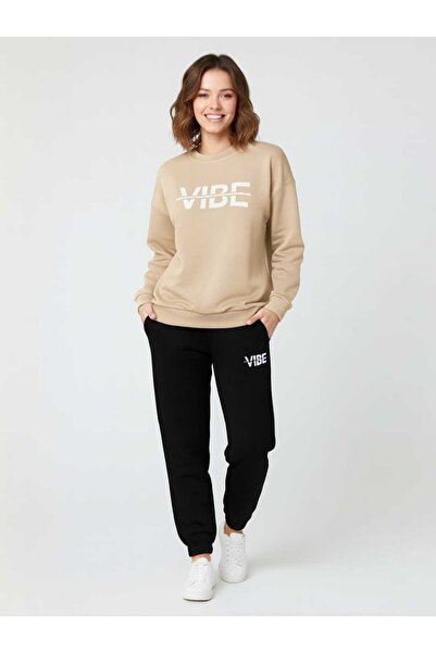 LiyAdaCo Unisex Vibe Printed Beige Crew Neck Bottom Top Tracksuit Set