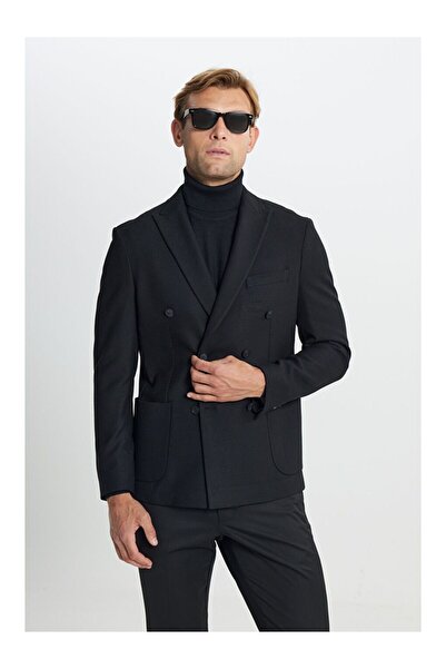 LC Waikiki Men's Black Slim Fit Slim Fit Swallow Collar Diagonal Patterned Ja...