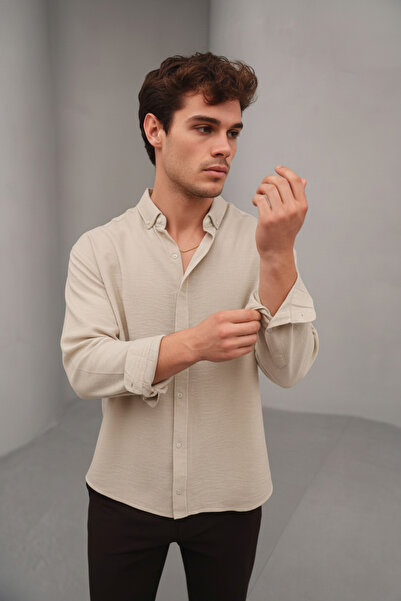 Bürke Ανδρικό πουκάμισο με μακρυμάνικο λινό καλοκαιρινό ύφος κρεμ/μπεζ μισό oversized