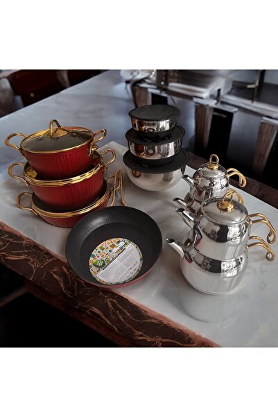 BARITCIOGLU Luxury Granite Cookware Set Slanted Teapot 18 Pieces