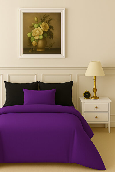 İQON Flat Sheet Bedding Set 100% Cotton Single Size Purple-Black