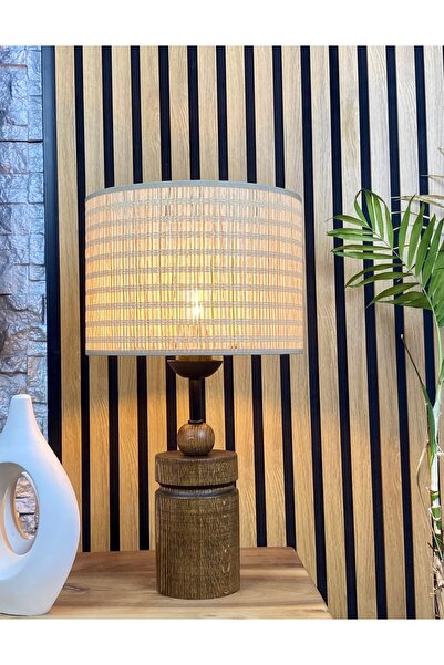 Decodelight Ahşap Ceviz Renk Silindir Ayaklı Hazeran Hasır Şapkalı Abajur Mas...