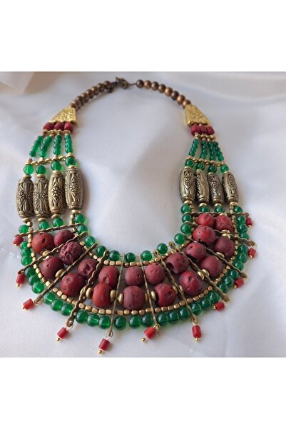 azra takı tasarım Handmade Green, Burgundy New Year, Christmas, Gift, Brass Apparatus Short Women's Necklace