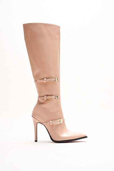 Ayakkabı Ateşi Γυναικείες μαύρες δερμάτινες μπότες με μυτερή μύτη με 3 αγκράφες με λεπτό τακούνι Tokai