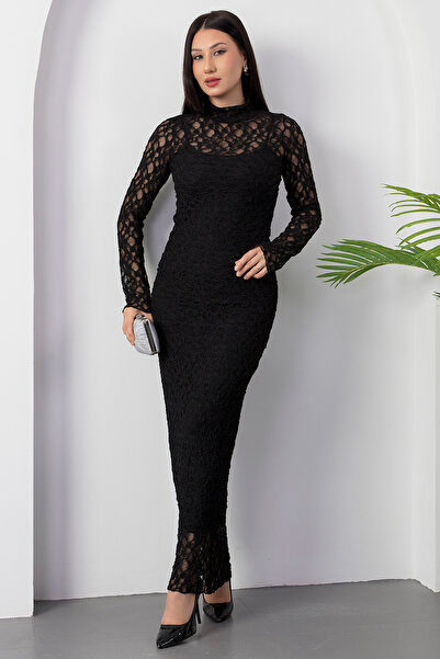 PULLIMM Mock Neck Long Sleeve Lined Lace Dress Dks1362-1