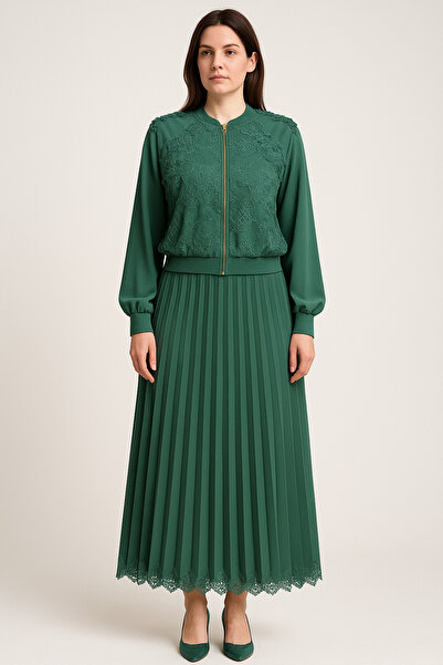 sweetyar Fransız Dantel Detaylı Piliseli Abiye Takım – Fermuarlı Ceket & Uzun Etek – Pudra / Yeşil