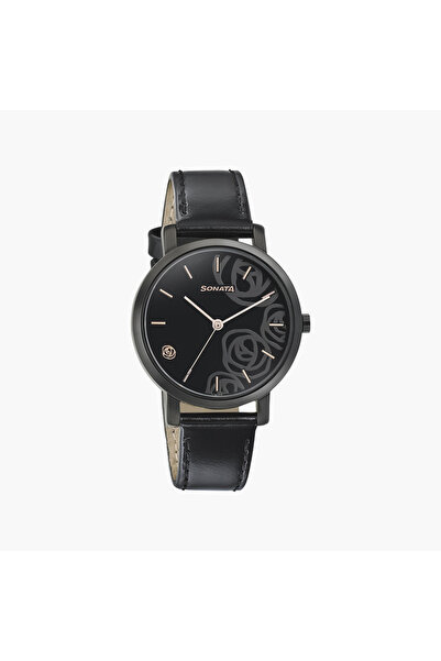SONATA Women's Black Analog Leather Strap Watch | 8164NL02