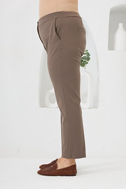 RMG Elastic Waist Leg Mini Slit Plus Size Fabric Trousers Mink