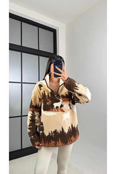 Gaus Brown Zippered Deer Patterned Fleece Sweatshirt Gaus-00870 Gaus-00723