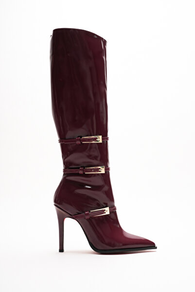 Ayakkabı Ateşi Women's Black Patent Leather Pointed Toe 3 Buckle Thin Heeled Boots Tokai