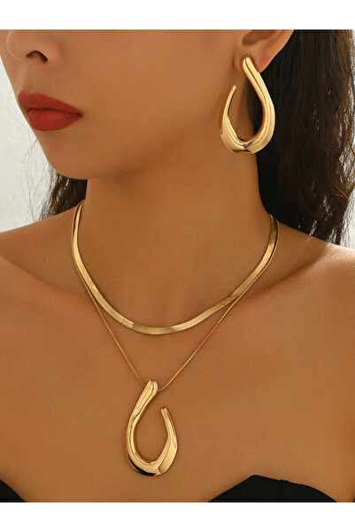 Take Two By Styli طقم قلادة وأقراط متعددة الطبقات من الذهب على شكل دمعة