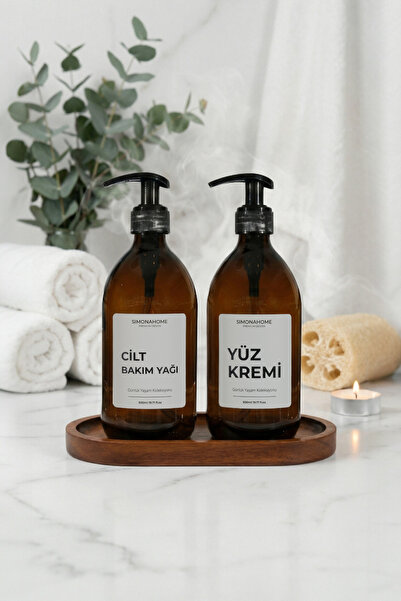 Simona Home زجاجة كهرمانية منتفخة مكونة من قطعتين مع حامل خشبي للعناية بالبشر...