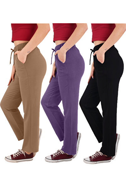 ASN concept Women's Viscose Fabric 3-Pack Black/Purple/Brown Sweatpants (with Plus Size Option)