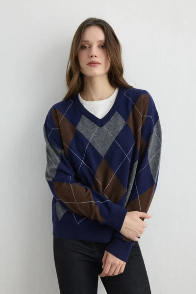 Gusto Baklava Patterned V-Neck Wool Knitwear - Navy Blue