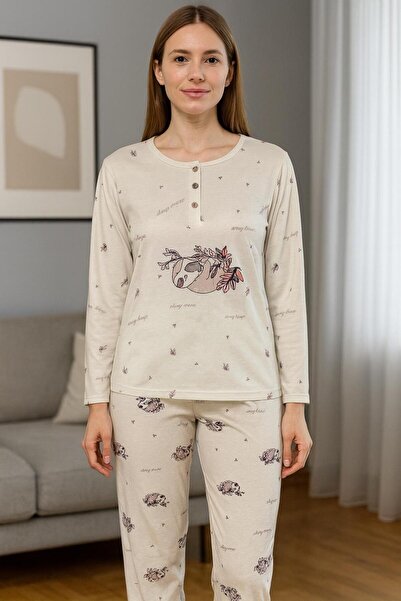 MODA 3 Buttons Long Sleeve Cotton Women Pajama Set