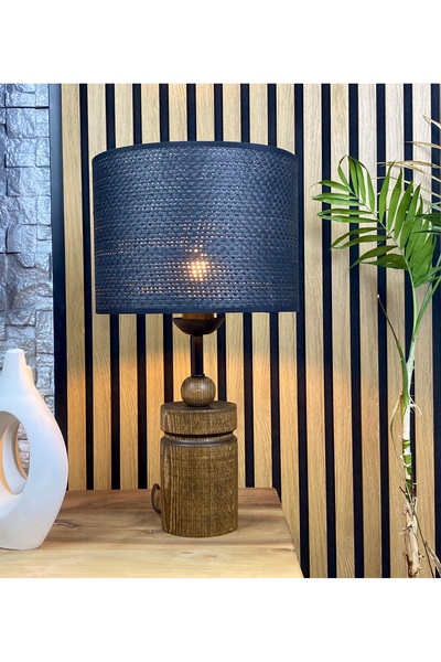 Decodelight Ahşap Ceviz Renk Silindir Ayaklı Hazeran Hasır Şapkalı Abajur Mas...