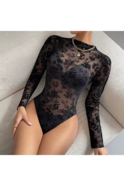 my cherie Flower Printed Velvet Textured Tulle Bodysuit