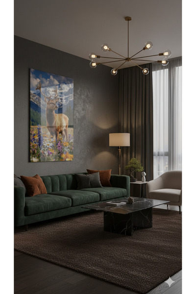 BLT DİZAYN Deer Glass Painting – Artistic Visual with Mountain Effect in Blossom