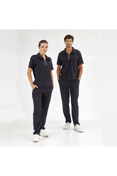 ÇİZGİ MEDİKAL Lacivert Polo Lüks Likra Scrubs Takım