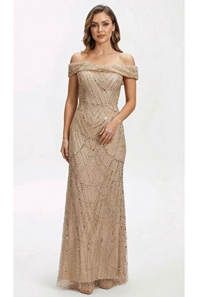 Arin yaka detay uzun pullu boncuklu elbise 41128