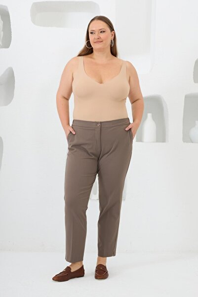 RMG Elastic Waist Leg Mini Slit Plus Size Fabric Trousers Mink