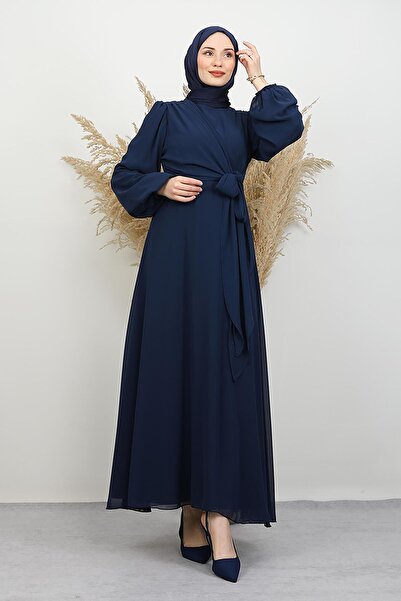 GİYZAMİLA Tie Detail Chiffon Dress Navy Blue