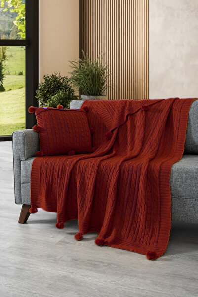 Sevim Set of 2 Pompom Knitwear Knitted Throw Pillow Cover & Tv Blanket - Shoulder & Sofa Wrap Set - Tile