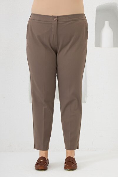 RMG Elastic Waist Leg Mini Slit Plus Size Fabric Trousers Mink