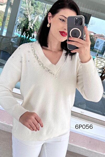 İnce Topuk Prive Series Pearl Beard Knitwear Blouse 6P056