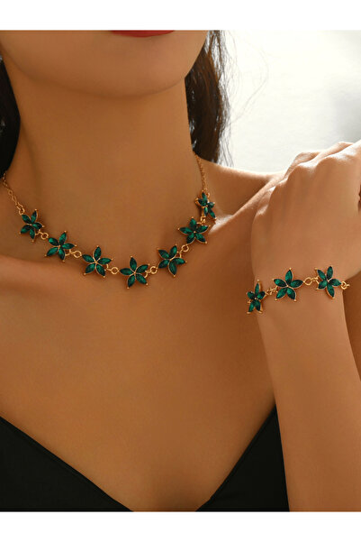 Take Two By Styli طقم قلادة وأسورة من أحجار الراين الزهرية باللون الذهبي