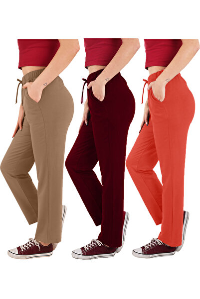 ASN concept Women's Viscose Fabric 3-Pack Burgundy/Pomegranate Flower/Brown Sweatpants (with Plus Size Option)