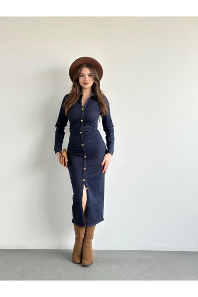 bbeox.com Gold Düğmeli Denim Fit Elbise