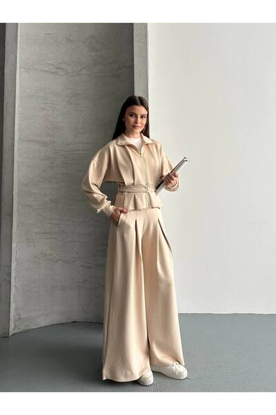 ZF BUTİK Women's Belt Detail Oversized Palazzo Suit