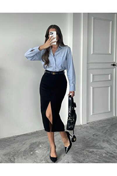 SHEVANE Women's 2.0.2.6 High-Waist Front Slit Laser Cut Midi-Length Linen Skirt (New Creation)