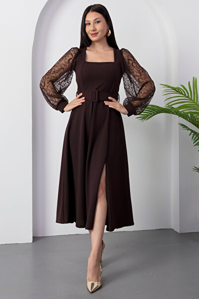 PULLIMM Φόρεμα Scuba με τετράγωνο λαιμόκοψη και λαμπερή ζώνη 2025-4374