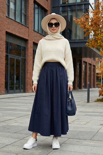 Zeneva Collection Fusta lungă (94cm) cu volane, stil hijab, albastru marin 1170