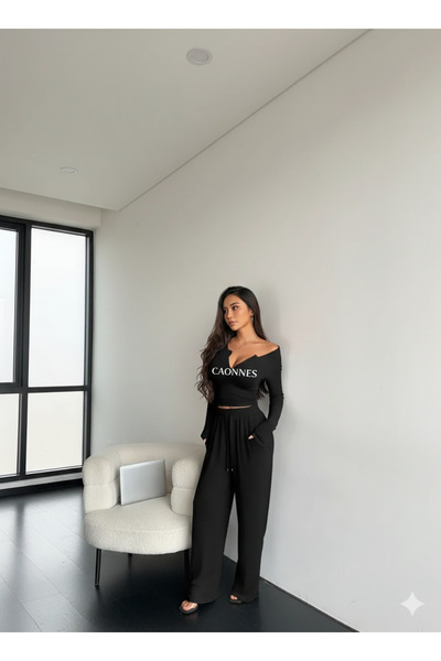 yx yustex sport KIŞLIK İÇİ ŞARDONLU Siyah Kadın Rahat Kalıp Bol Paça Eşofman ...