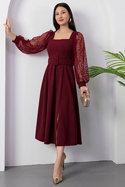 PULLIMM Square Neck Sleeves Flocking Belted Scuba Dress 2025-4374