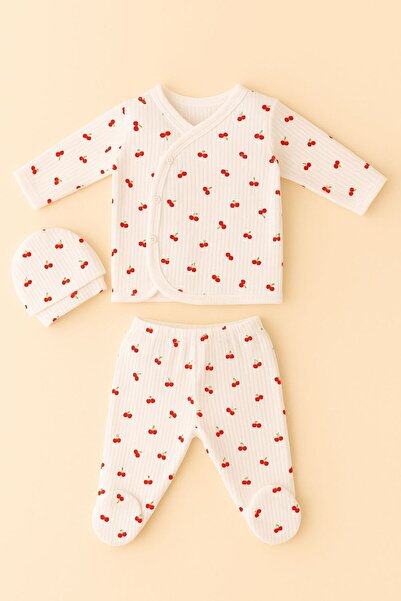 EFU BABY 3lü Kiraz Desenli Bereli %100 Pamuklu Kız Bebek Yenidoğan Zıbın Set