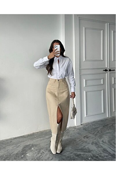 SHEVANE Women's 2.0.2.6 High-Waist Front Slit Laser Cut Midi-Length Linen Skirt (New Creation)