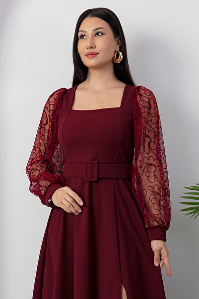 PULLIMM Square Neck Sleeves Flocking Belted Scuba Dress 2025-4374