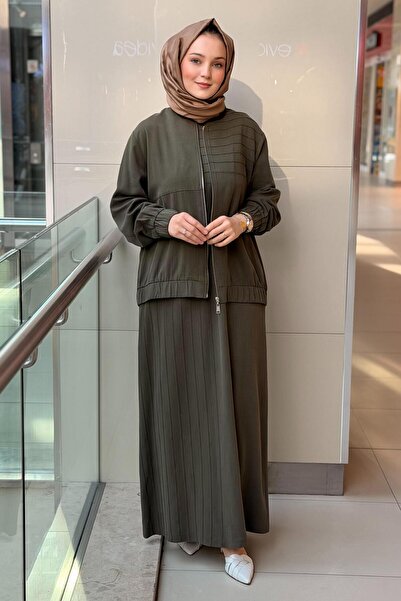 Nuss Ribbed Pattern Bomber Jacket Sleeveless Dress Two-Piece Set