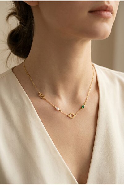 neshely jewelry 925 Ayar Gümüş Kişiye Özel 2 Doğum Taşlı ve 2 Harfli Eş 14 Ay...