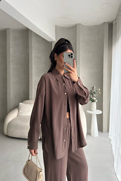 BEJNA Women's Brown Metal Button Detailed Flowy Silky Modal Bottom Top Set